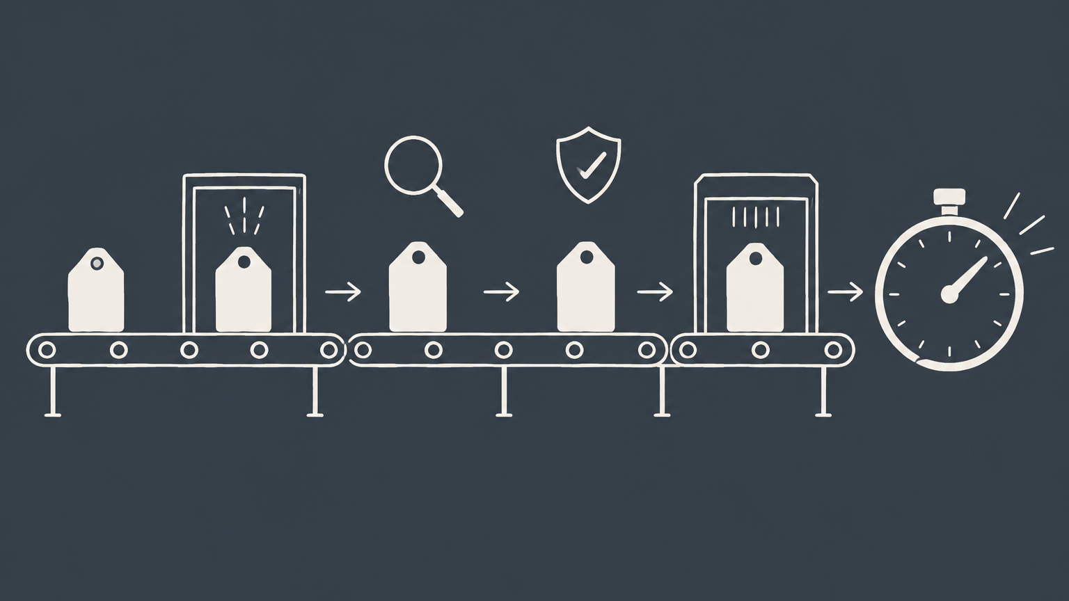 Flat illustration of a branded tag moving through timed checkpoints to represent the trademark registration timeline.