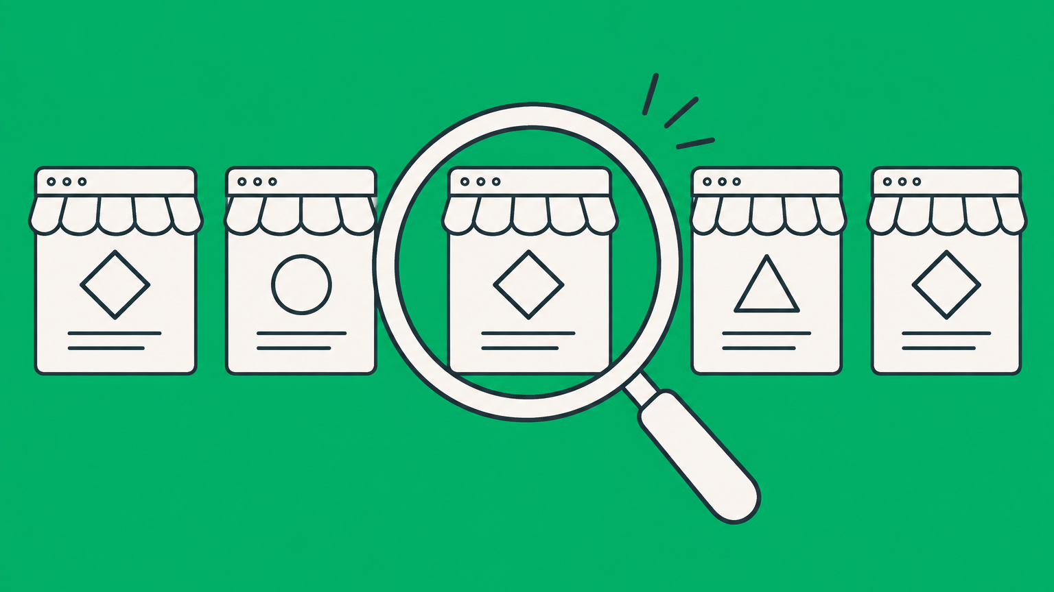 Flat illustration of a magnifying lens scanning digital storefronts and domain cards for duplicated symbols, representing trademark monitoring.