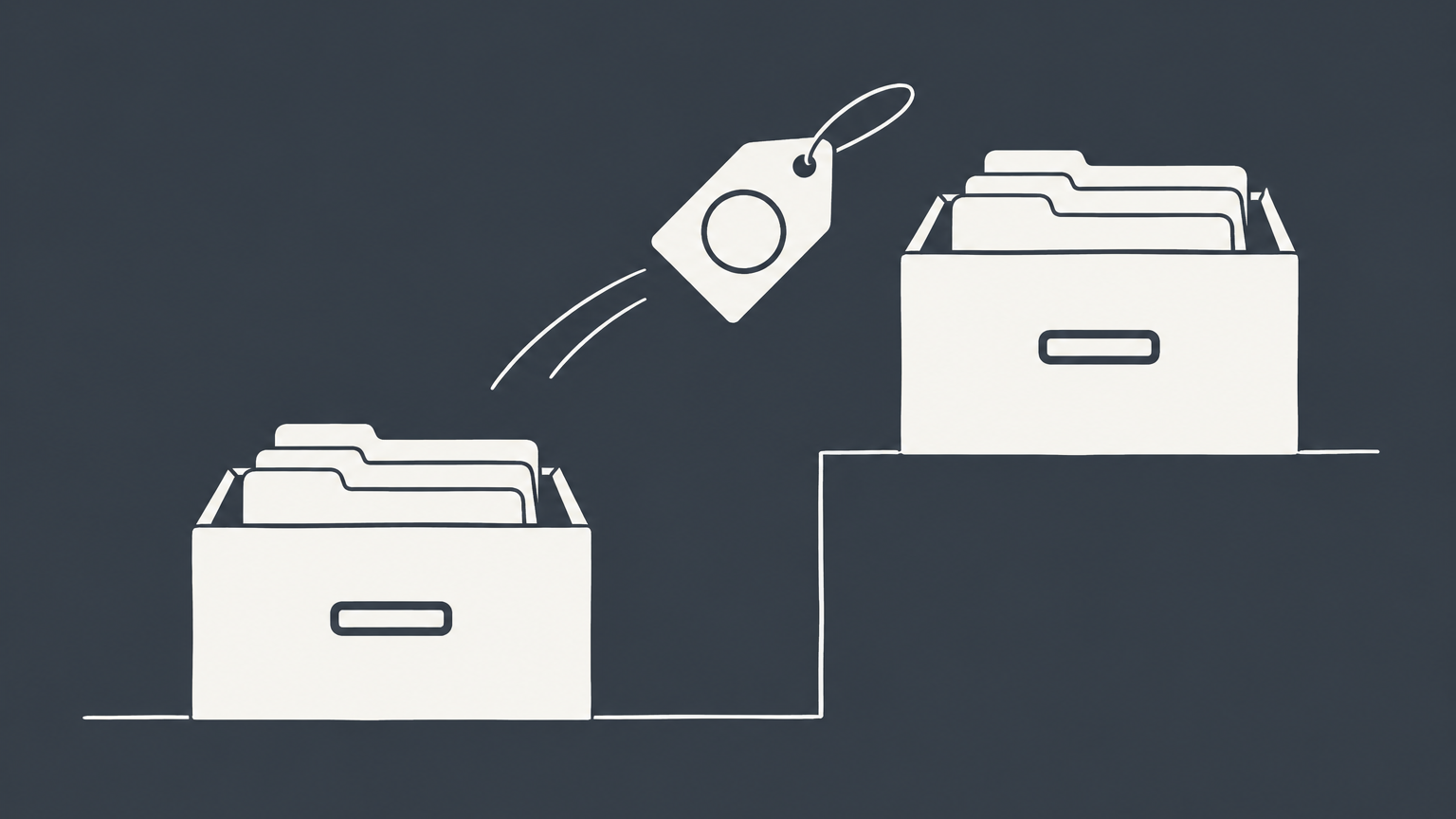Flat illustration of two filing drawers and a moving trademark tag representing the Supplemental Register and Principal Register.