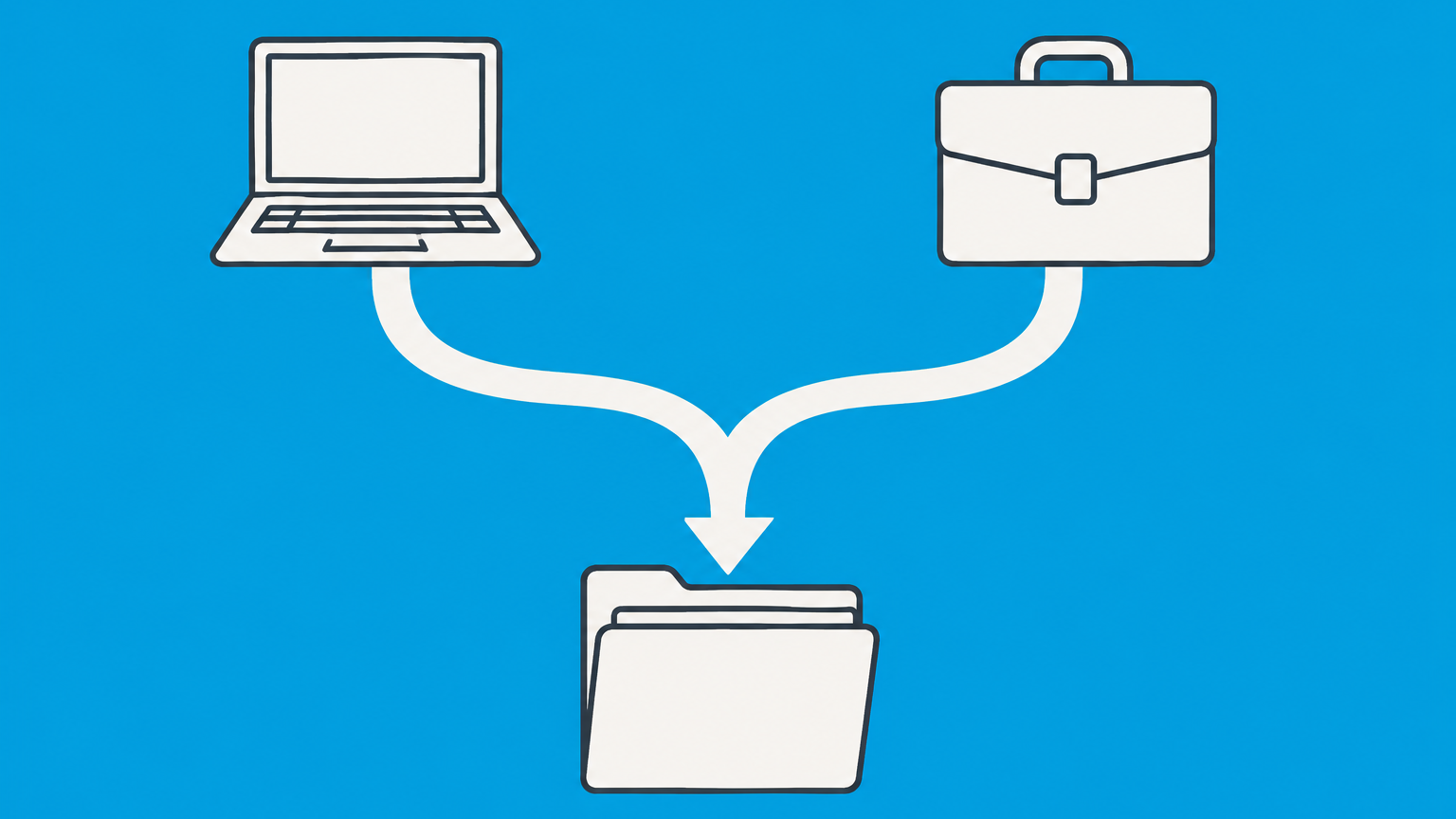 Flat illustration of a branching path with a laptop and briefcase leading to a filing folder, representing the choice between DIY trademark registration and hiring a trademark attorney.