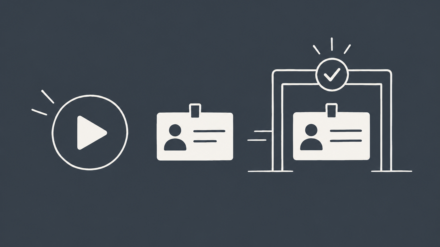 Flat illustration of a video play button and two similar name tags at a verification checkpoint representing YouTube trademark infringement.