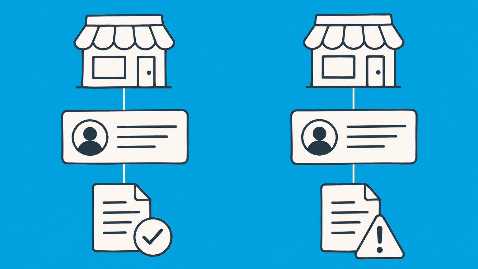 Flat illustration of matching brand badges on competing social profile cards representing Twitter trademark infringement and brand protection.