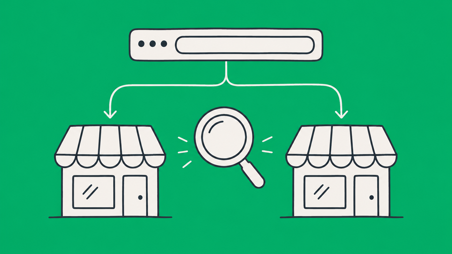 Flat illustration of a browser address branching toward similar storefronts under a magnifying glass to represent online trademark infringement.
