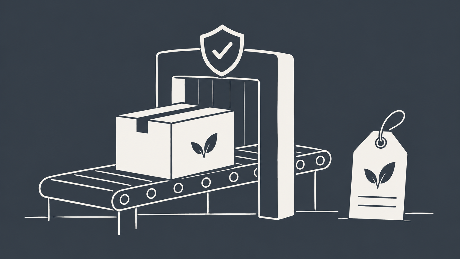 Flat illustration of a branded parcel passing through a shield-shaped inspection gate to represent the eBay VeRO review process.