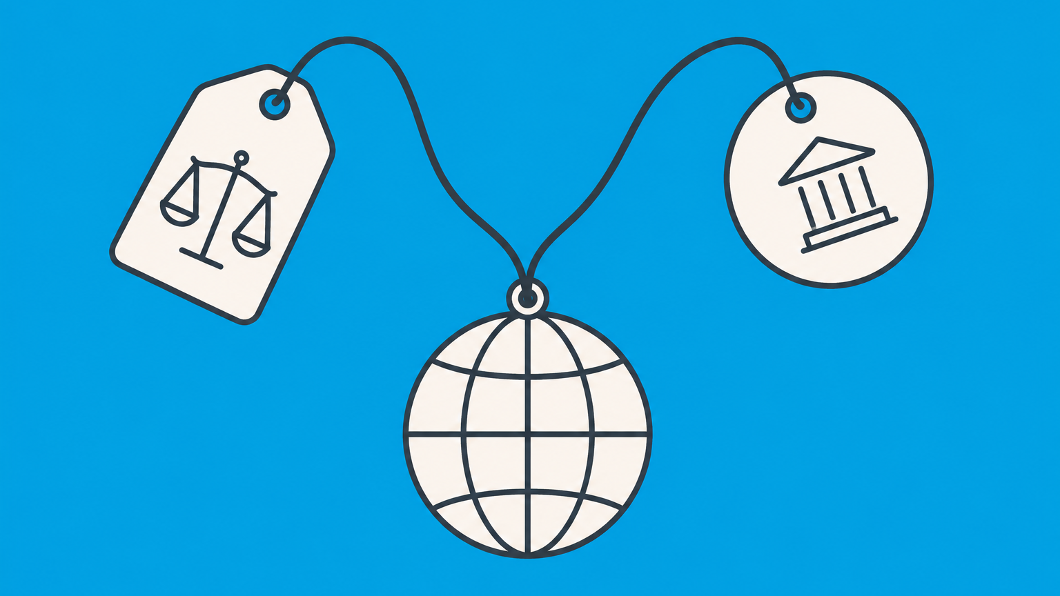 Flat illustration of two brand tags converging on one web address port to represent domain name trademark infringement.