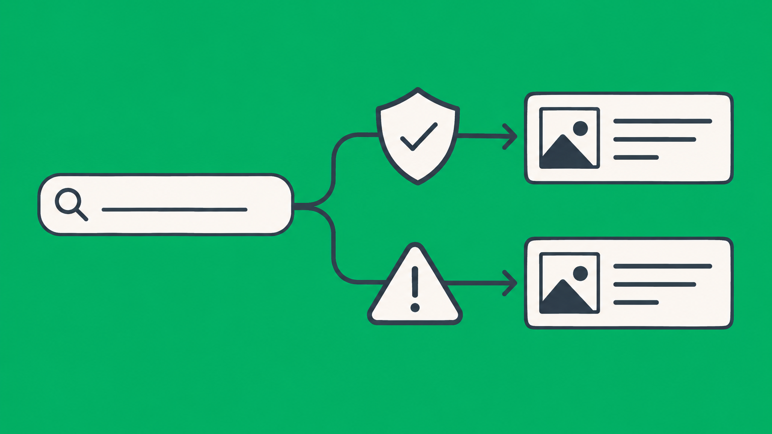Flat illustration of a search bar splitting into competing ad paths through a protective filter to represent trademark keywords and advertising risk.