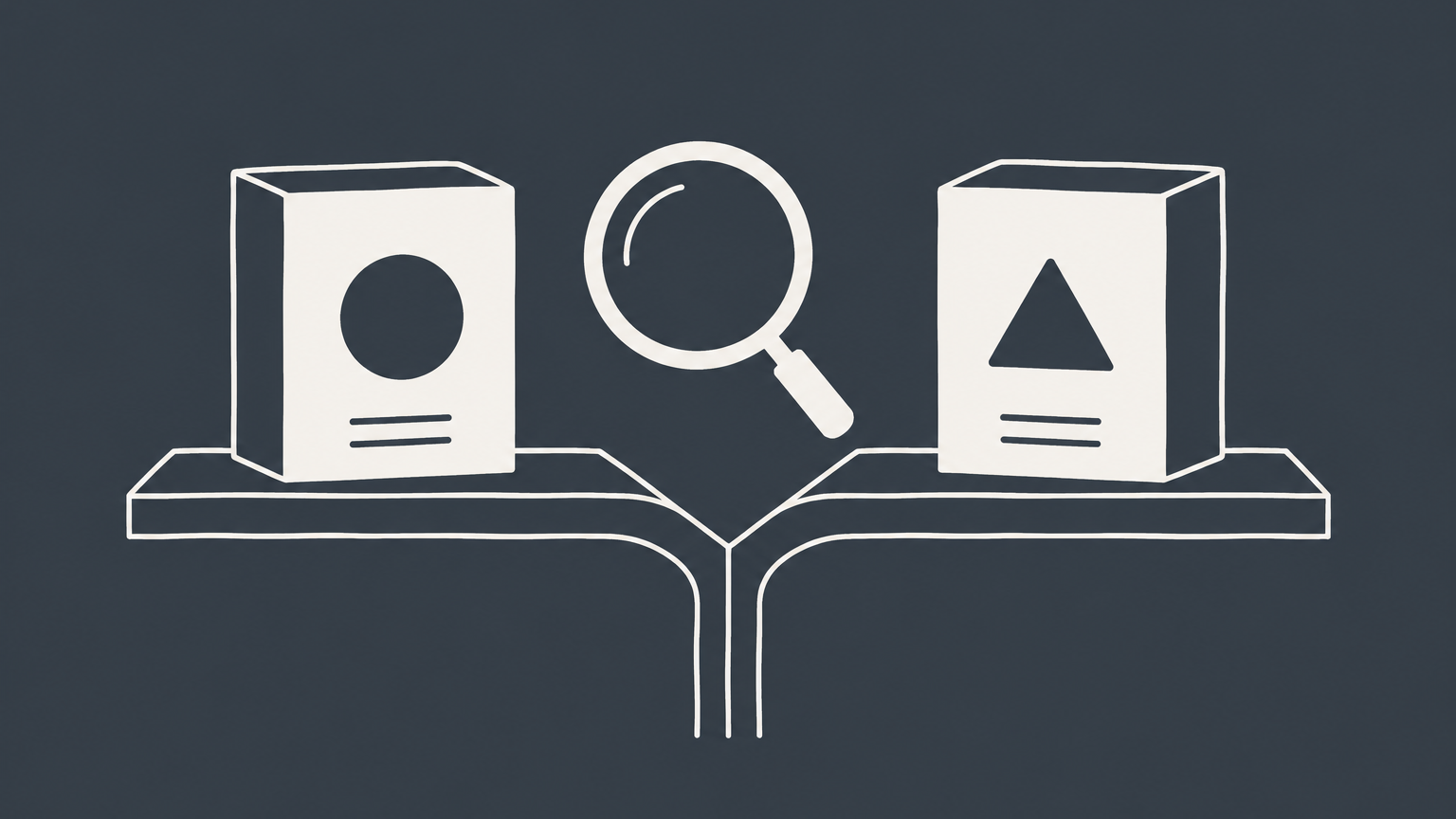 Flat illustration of two similar product boxes on a forked shelf under a magnifying glass, representing trademark infringement examples and customer confusion.