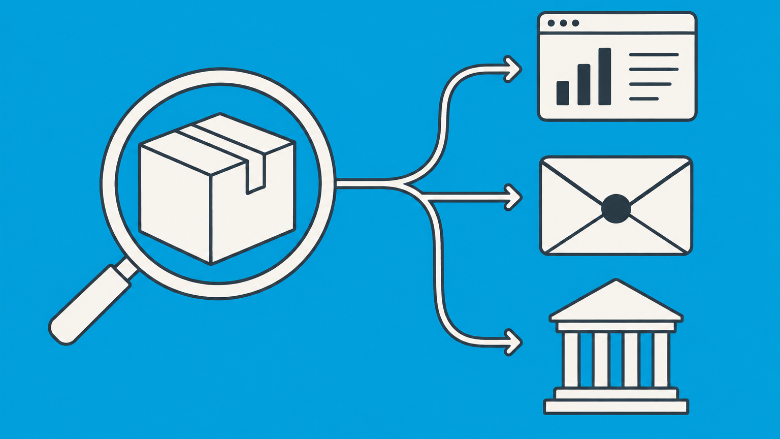 Flat illustration of a branded package being examined before choosing platform, letter, or court routes for reporting trademark infringement.