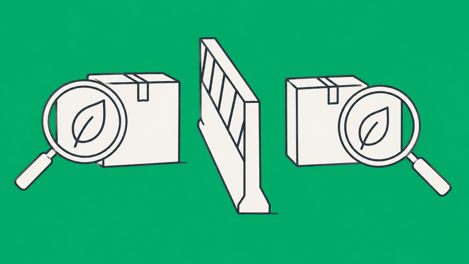 Flat illustration of two similar product packages separated by a barrier and examined with a magnifying glass for a trademark cease and desist dispute.