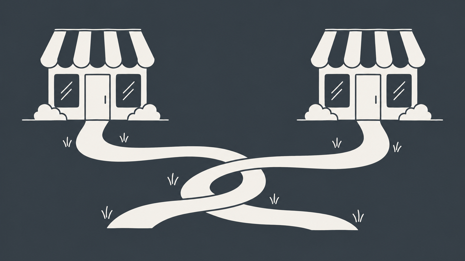 Flat illustration of two similar storefront identities with crossing paths representing trade name infringement.