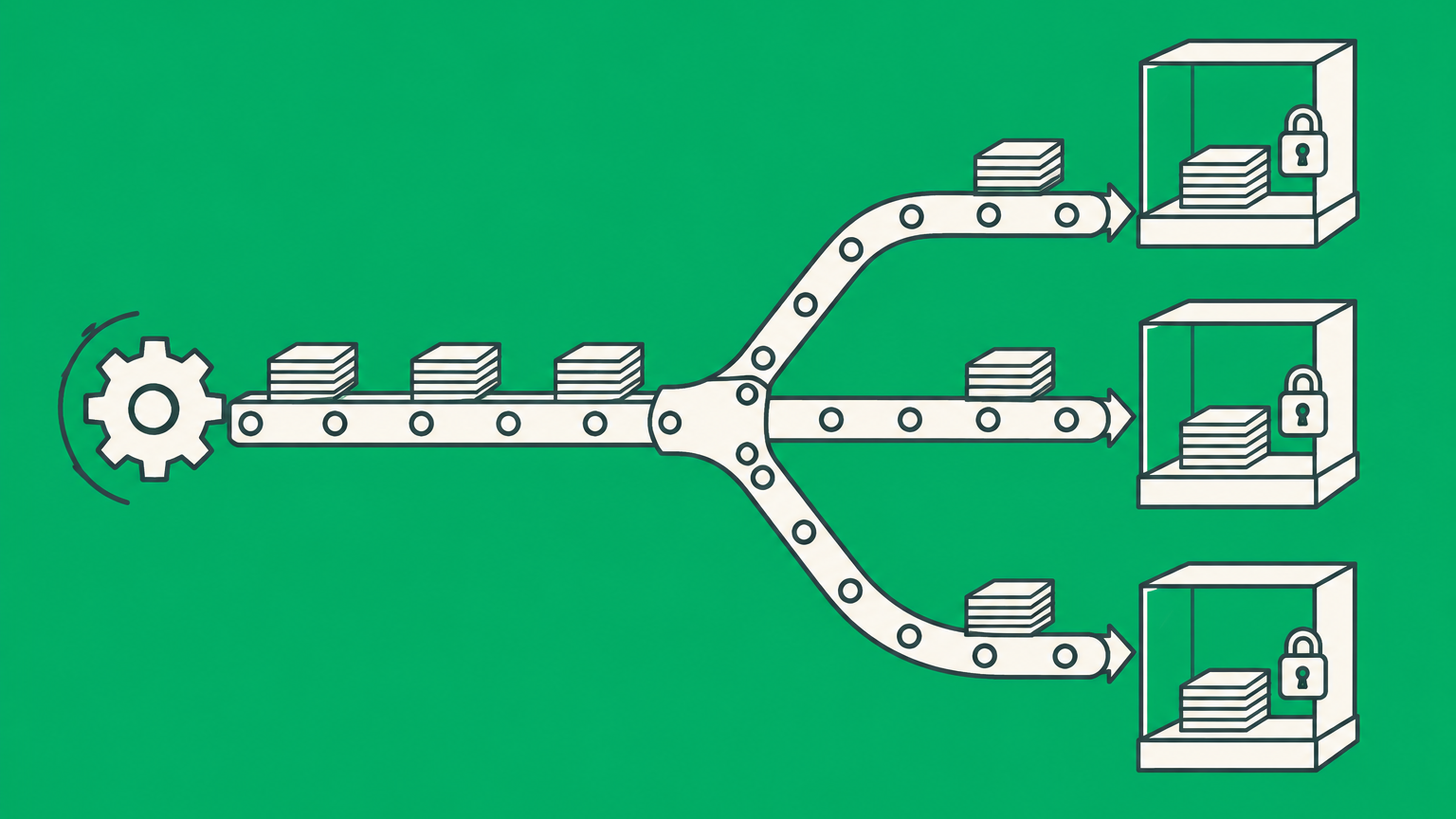 Flat illustration of a gear powering a branching conveyor toward locked display cases to represent contributory infringement.