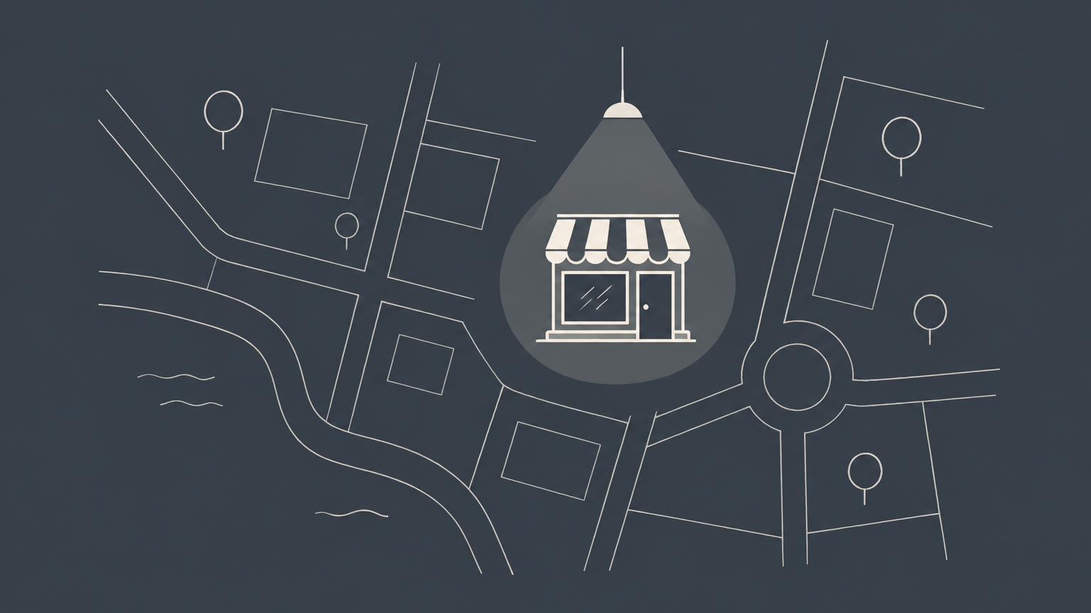 Flat illustration of a storefront sign inside a limited spotlight on a map, representing the geographic reach of an unregistered trademark.