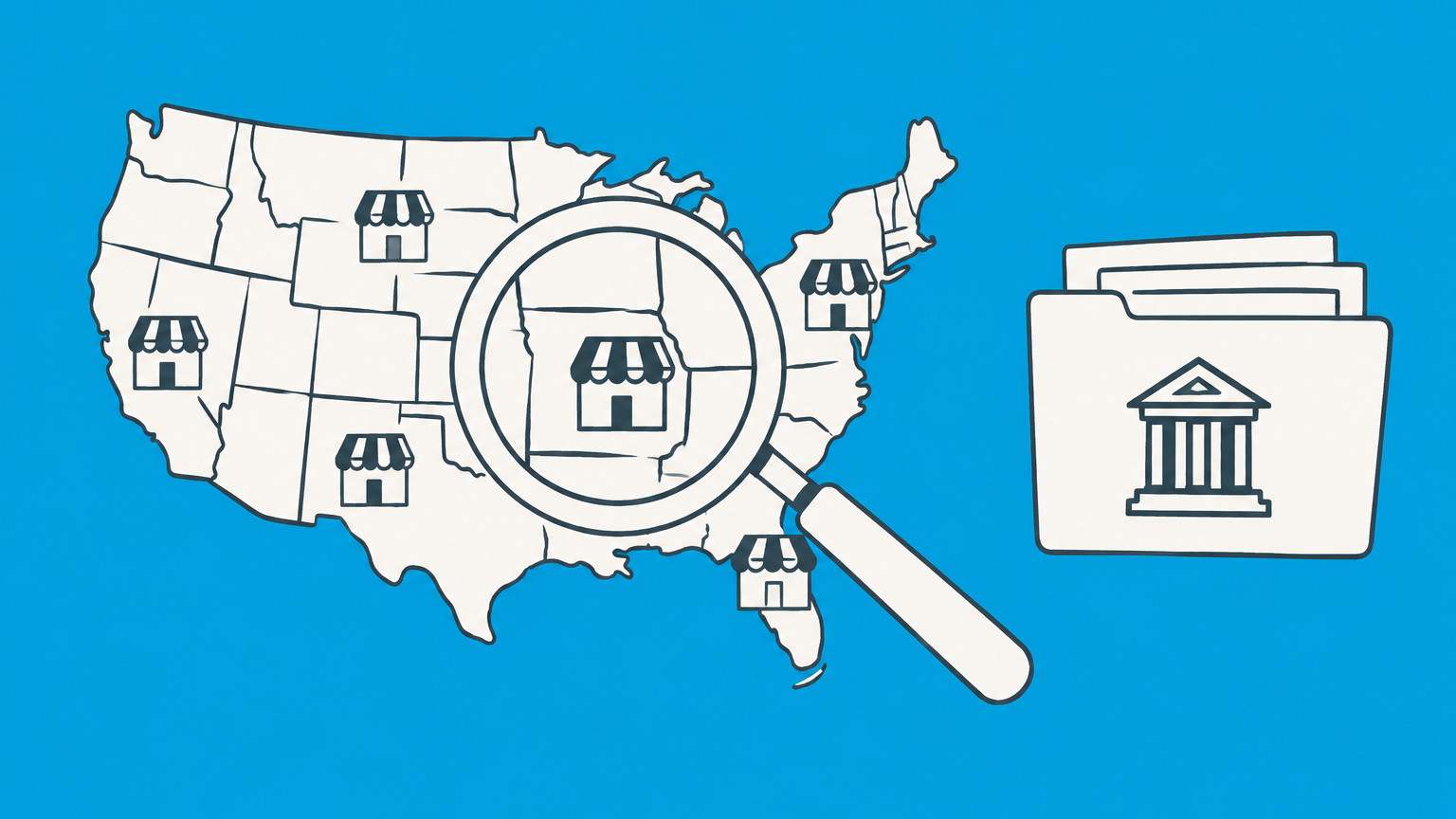 Flat illustration of a magnifying glass examining storefronts across a map beside a federal records folder, representing a common law trademark search.