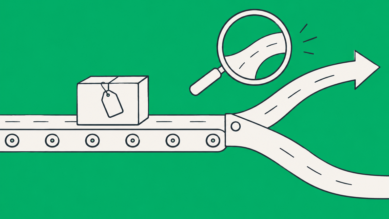 Flat illustration of a brand tag entering an express conveyor lane to represent getting a trademark fast.
