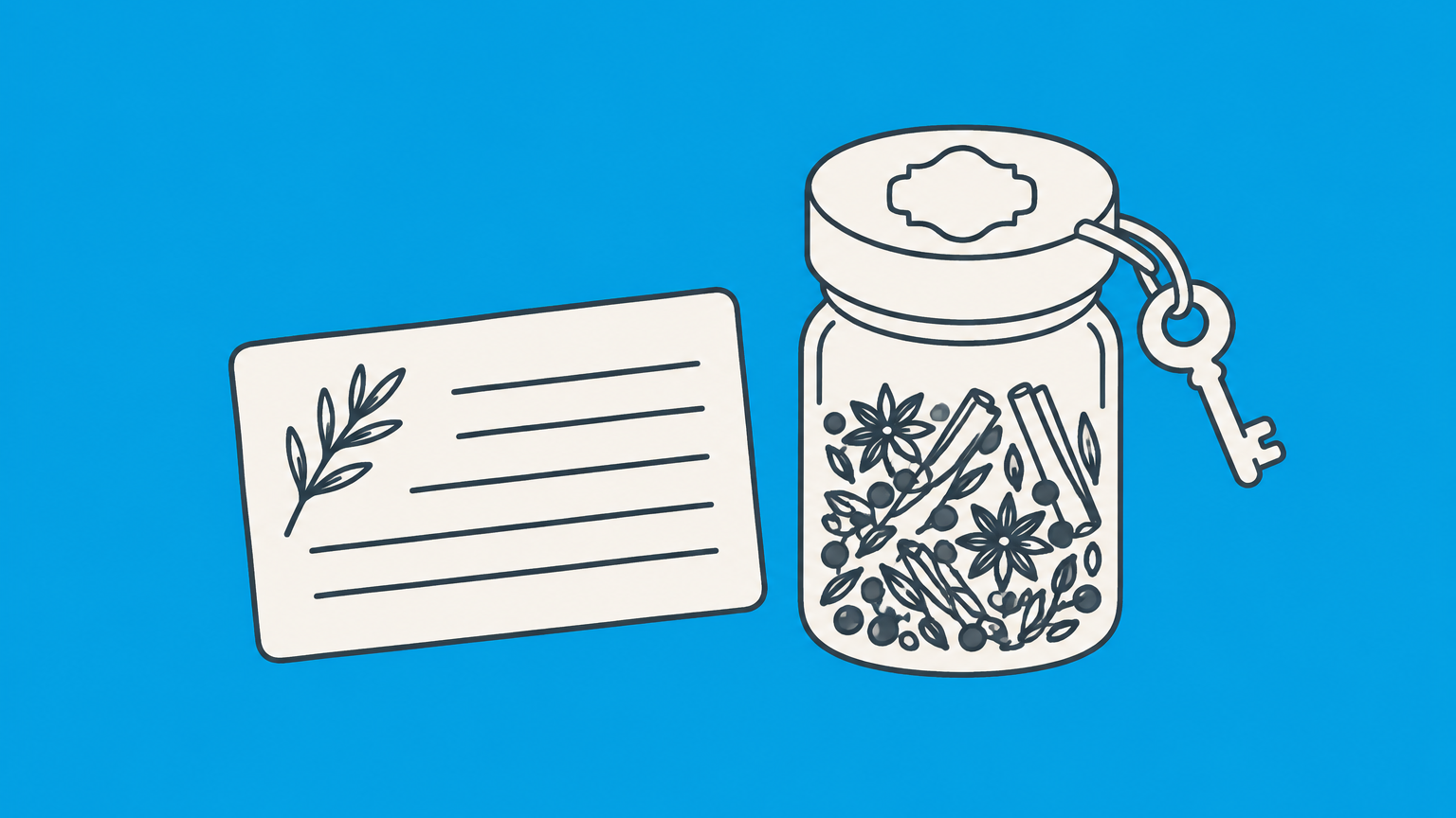 Flat illustration of a recipe card, sealed spice jar, emblem, and key representing trademark protection for recipe branding rather than the recipe itself.