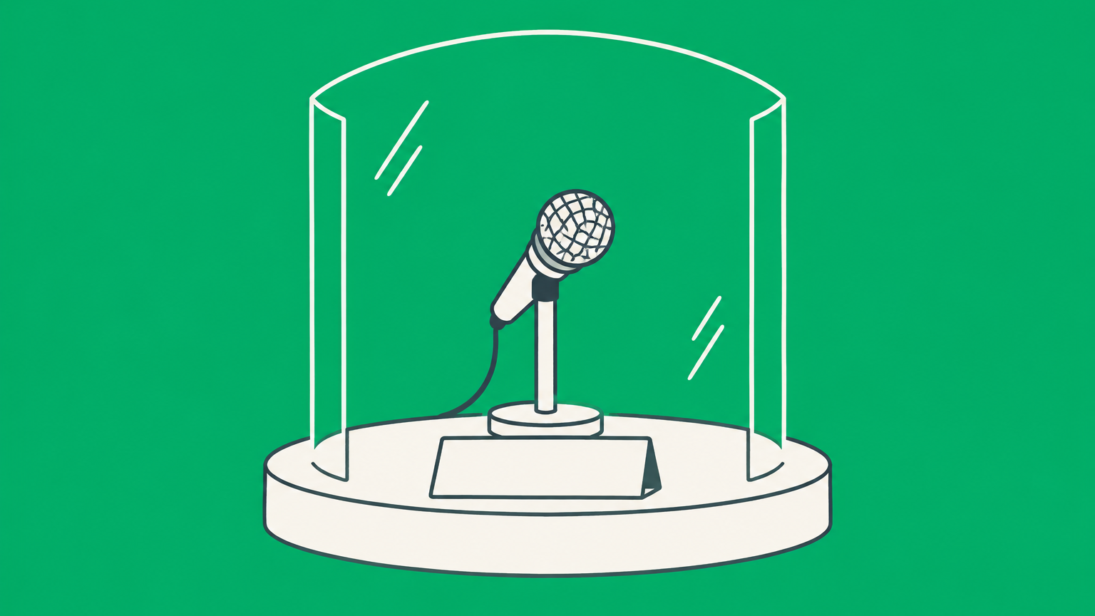 Flat illustration of a microphone, blank stage nameplate, and protective shield representing how to trademark a stage name.