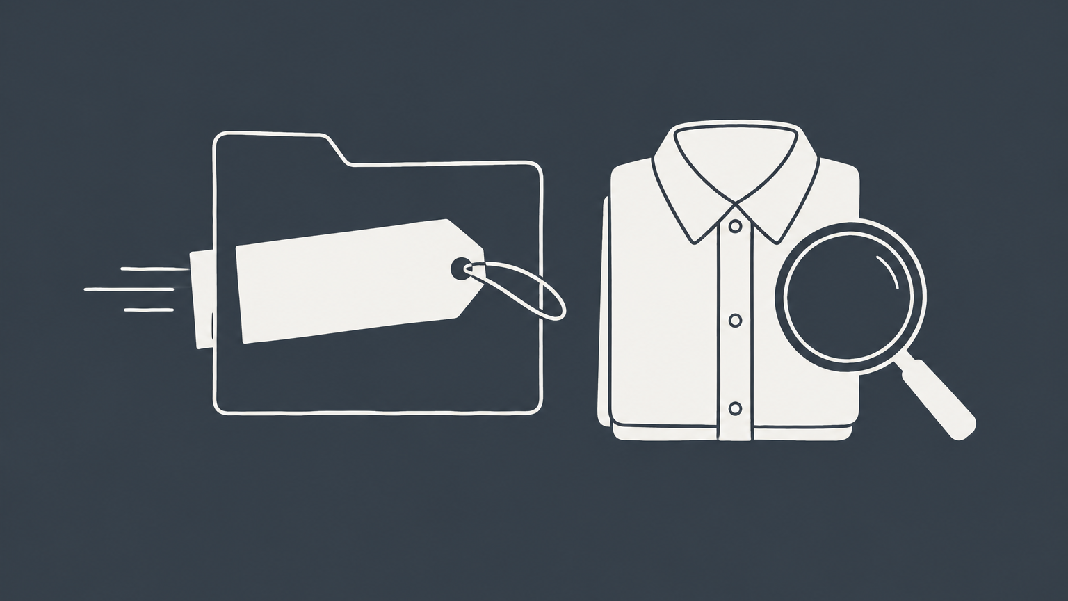 Flat illustration of a clothing label, folded shirt, filing folder, and magnifying glass representing how to trademark a clothing brand.