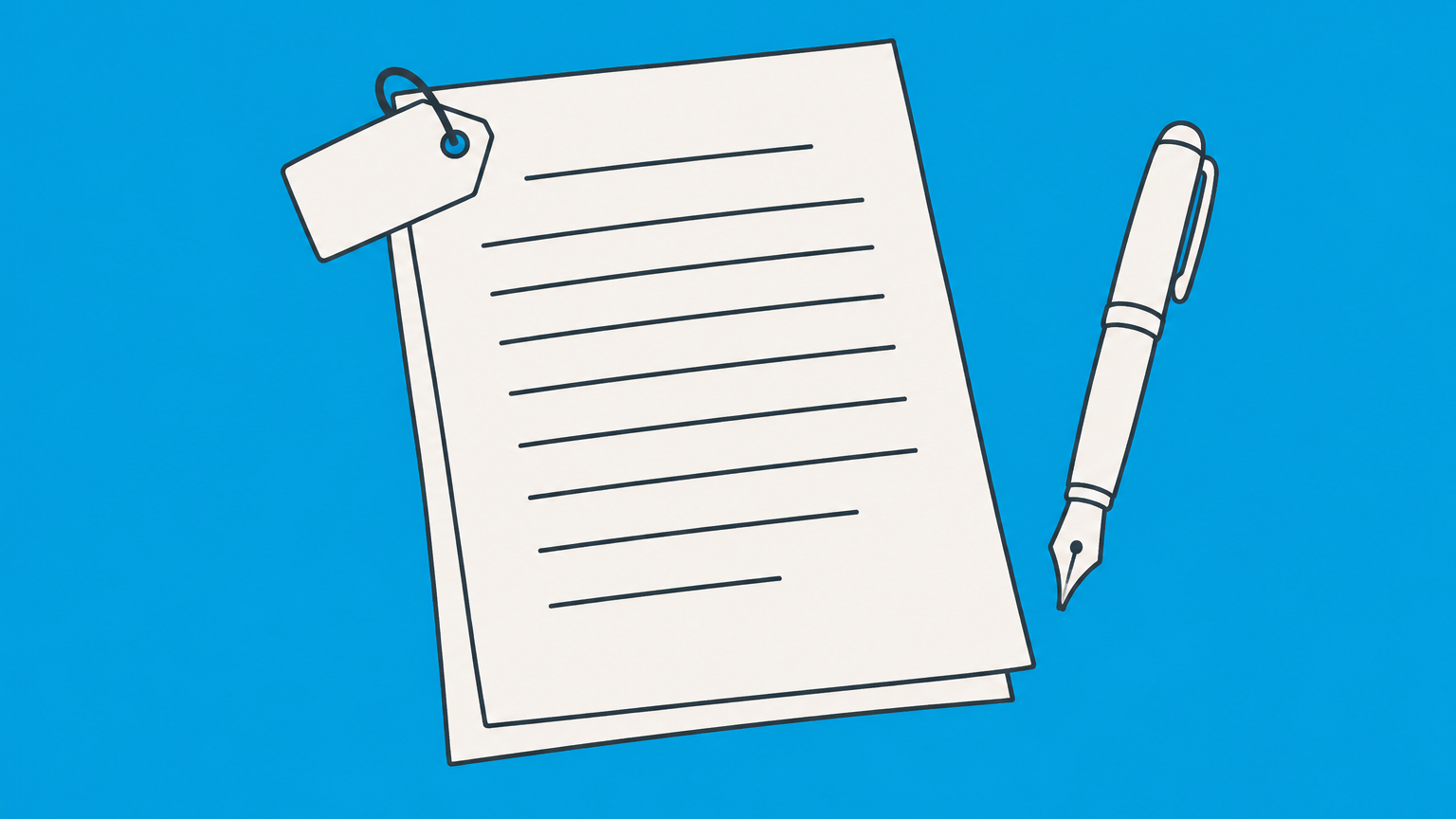 Flat illustration of an open document, fountain pen, and attached product tag representing how to cite a trademark.
