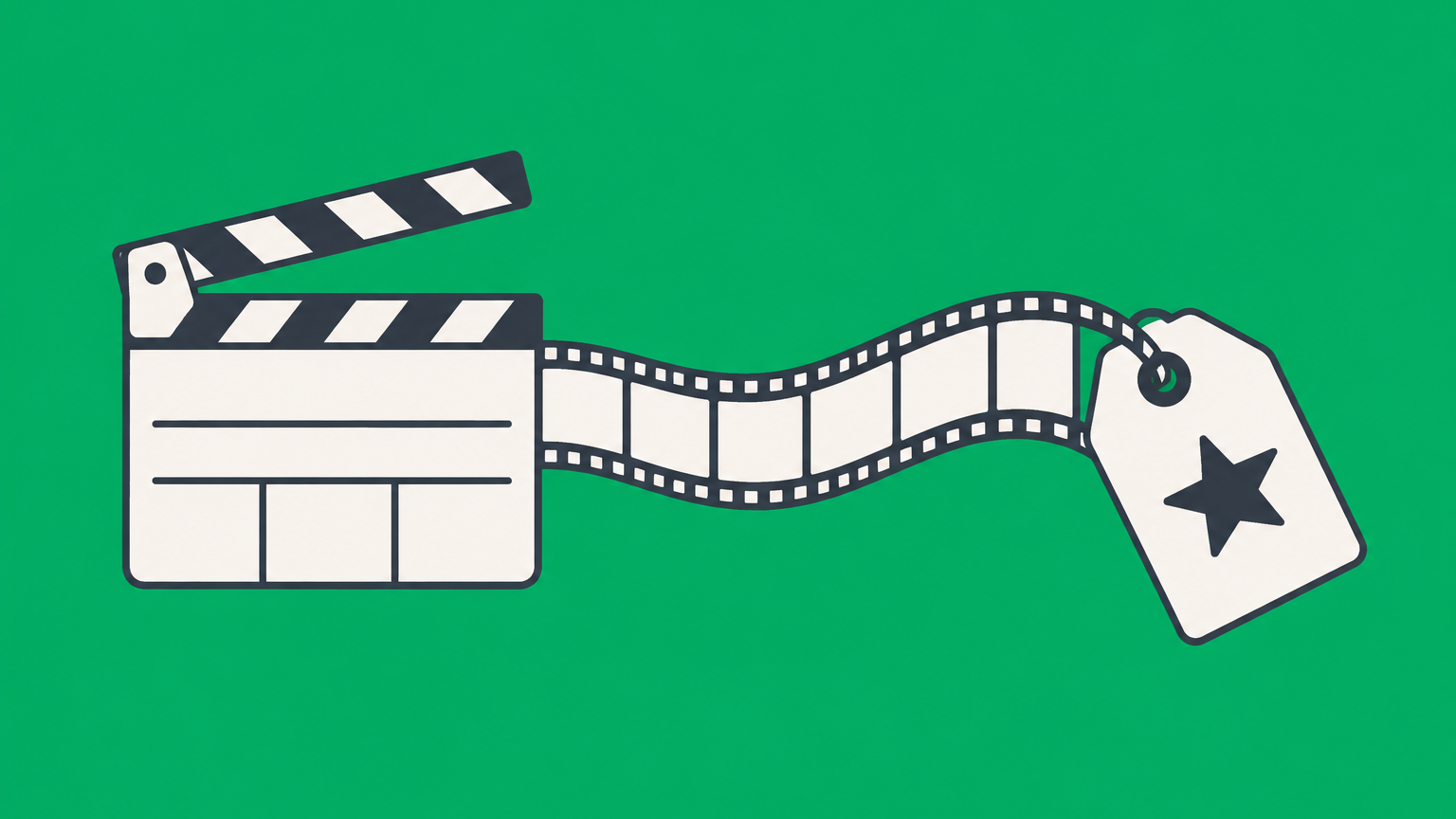 Flat illustration of a movie clapperboard linked to a branded merchandise tag, representing movie trademarks.