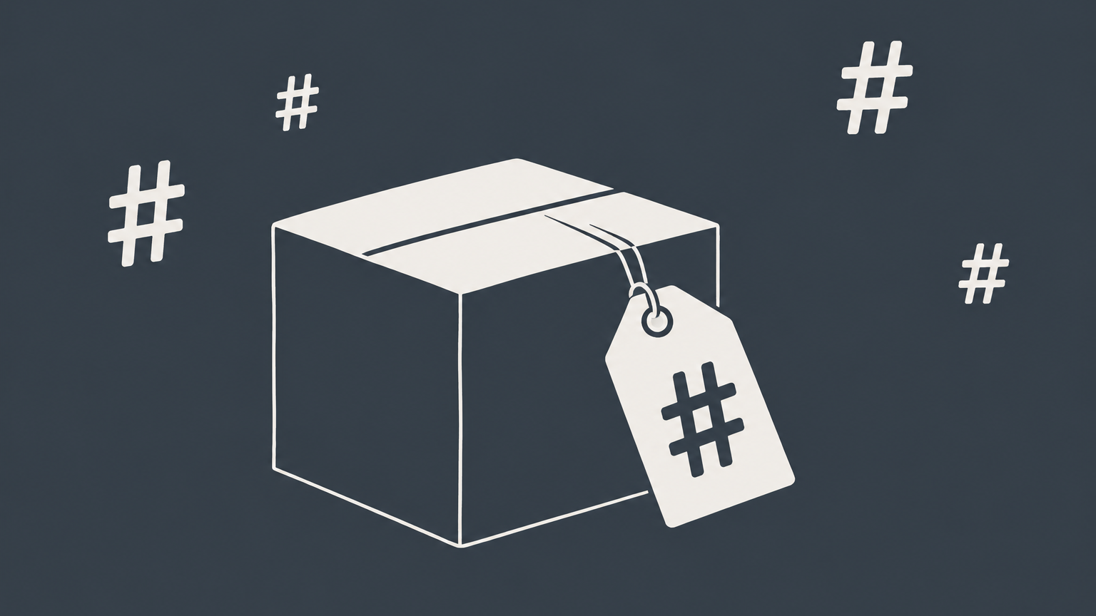 Flat illustration of a hashtag-shaped brand tag attached to a product box to represent trademarking a hashtag.