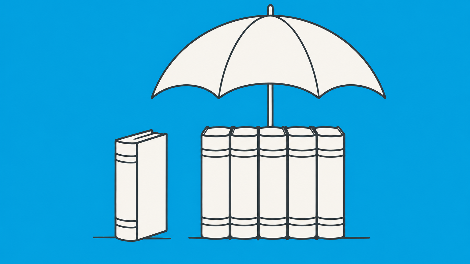 Flat illustration of a single book beside a coordinated book series under a shared brand symbol, representing trademark protection for a book title.