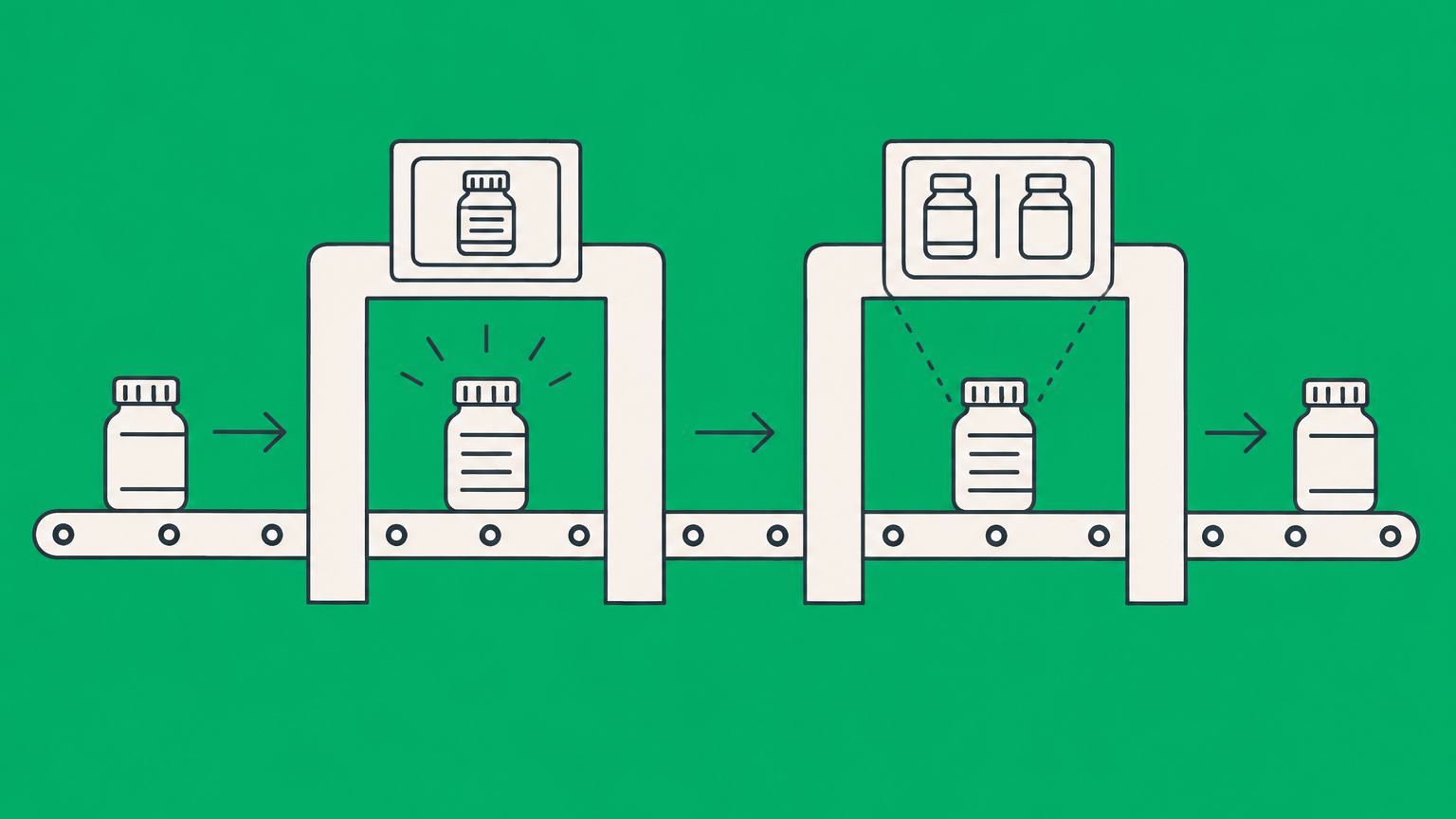 Flat illustration of a medicine bottle passing through two inspection gates representing pharmaceutical trademark registration and FDA name review.