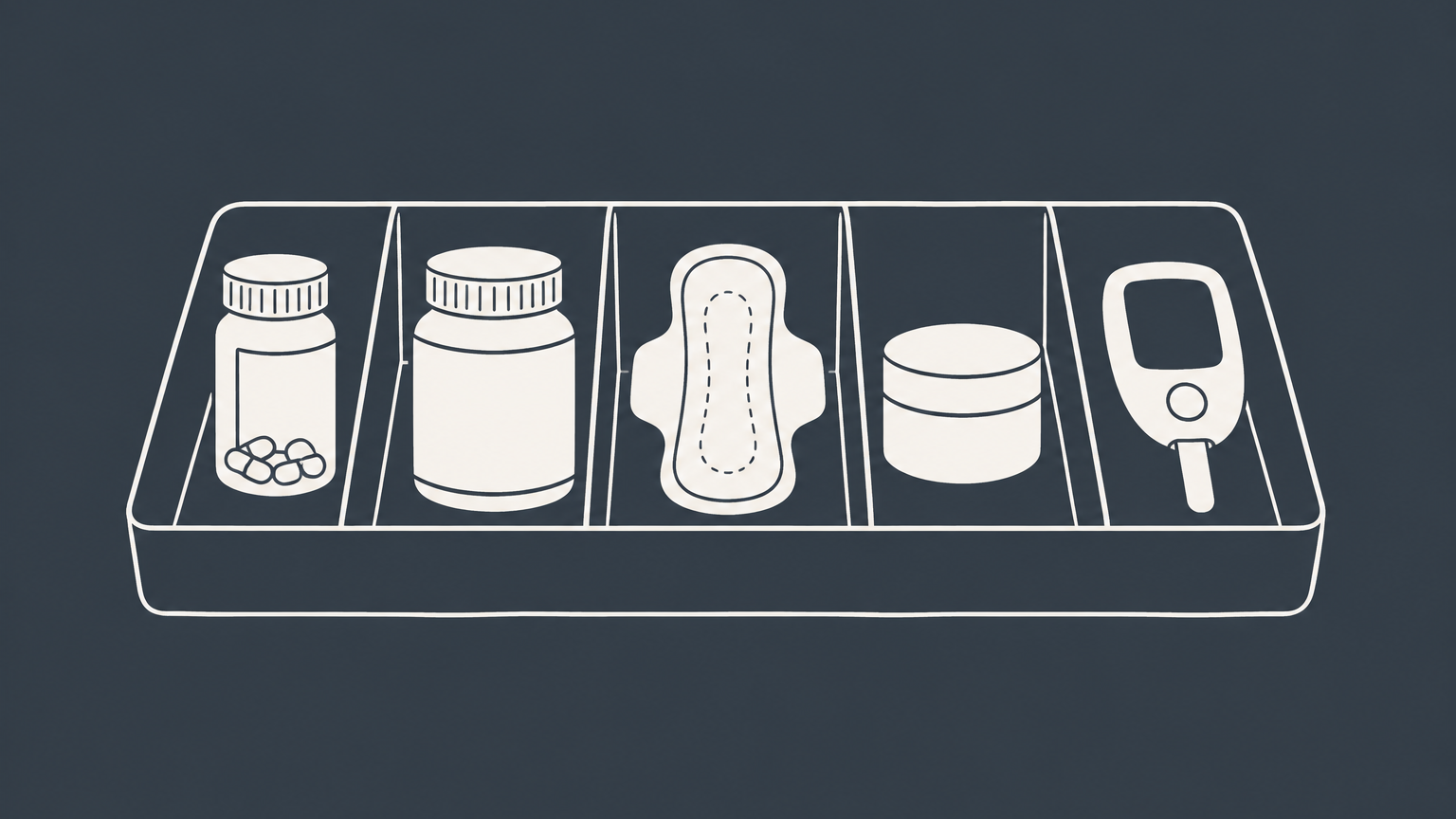 Flat illustration of pharmaceutical, hygiene, cosmetic, and medical products sorted into separate compartments to represent Trademark Class 5 classification.
