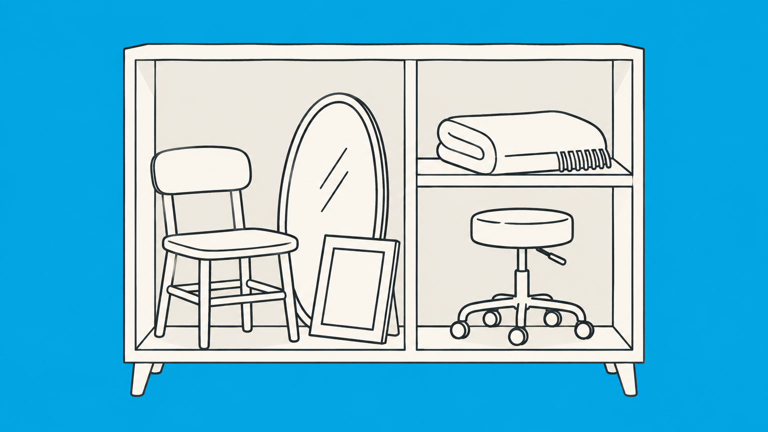 Flat illustration of a sorting cabinet separating furniture and decor from other goods to represent Trademark Class 20.