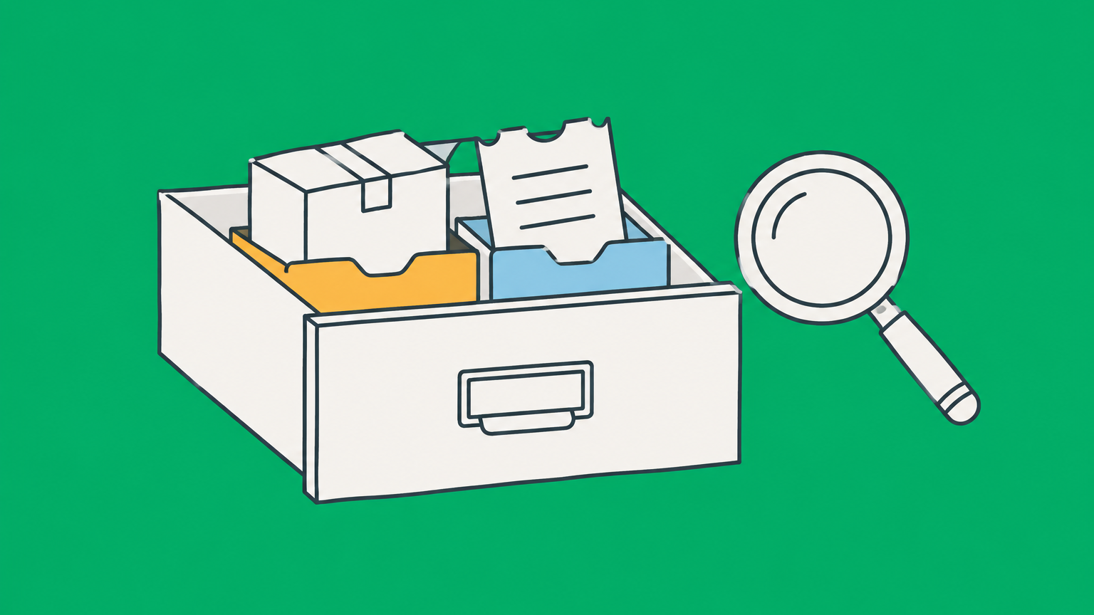 Flat illustration of a catalog drawer sorting a product and service into separate slots for the Trademark ID Manual.