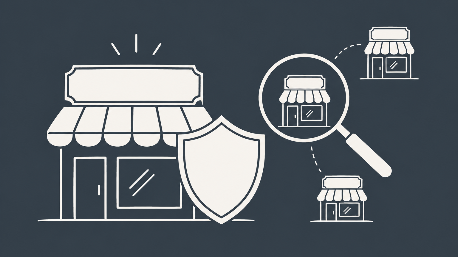 Flat illustration of a shielded storefront nameplate and magnifying glass representing whether you can trademark a business name.