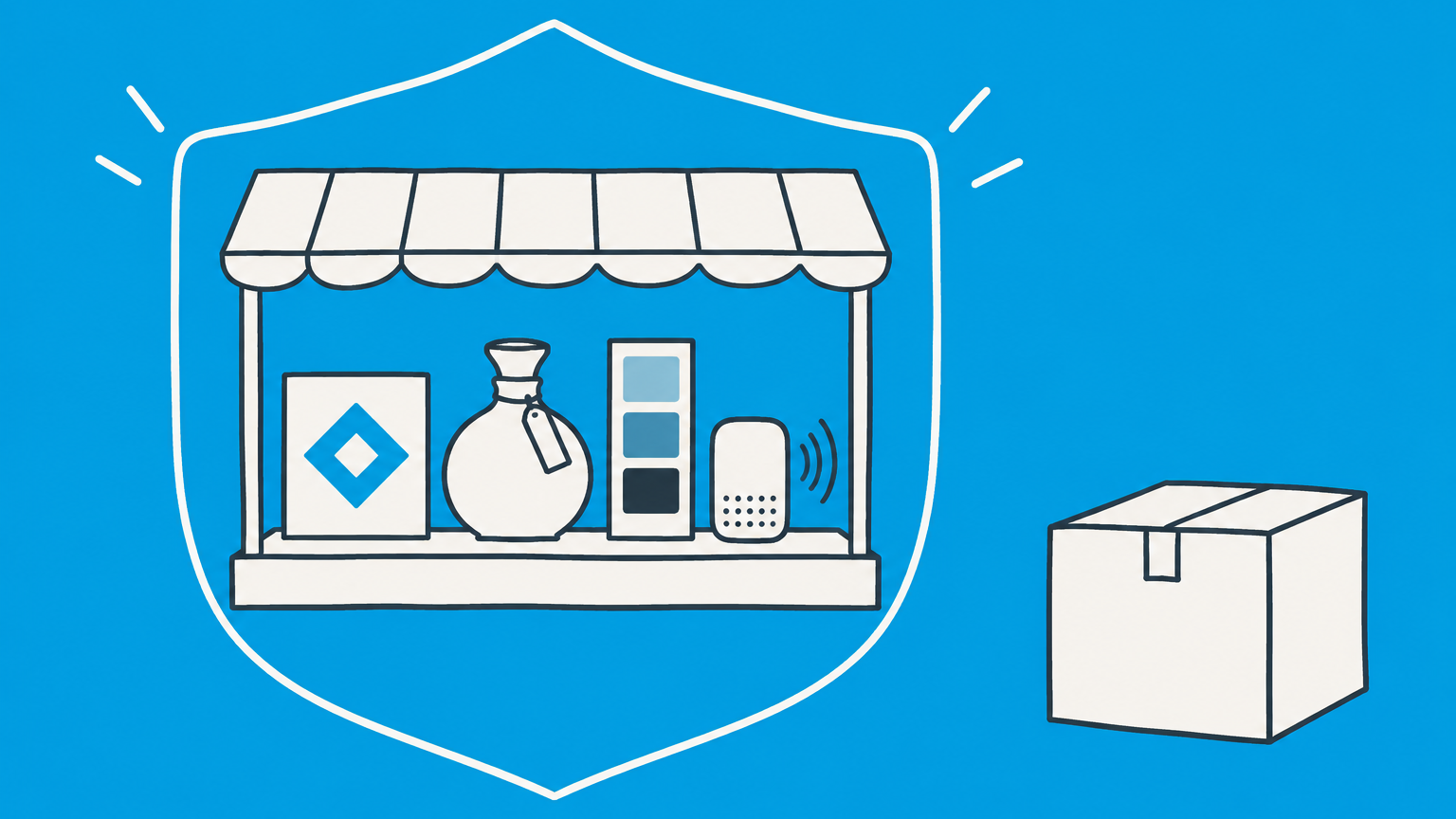 Flat illustration of distinctive brand elements inside a protective outline representing what can be trademarked.