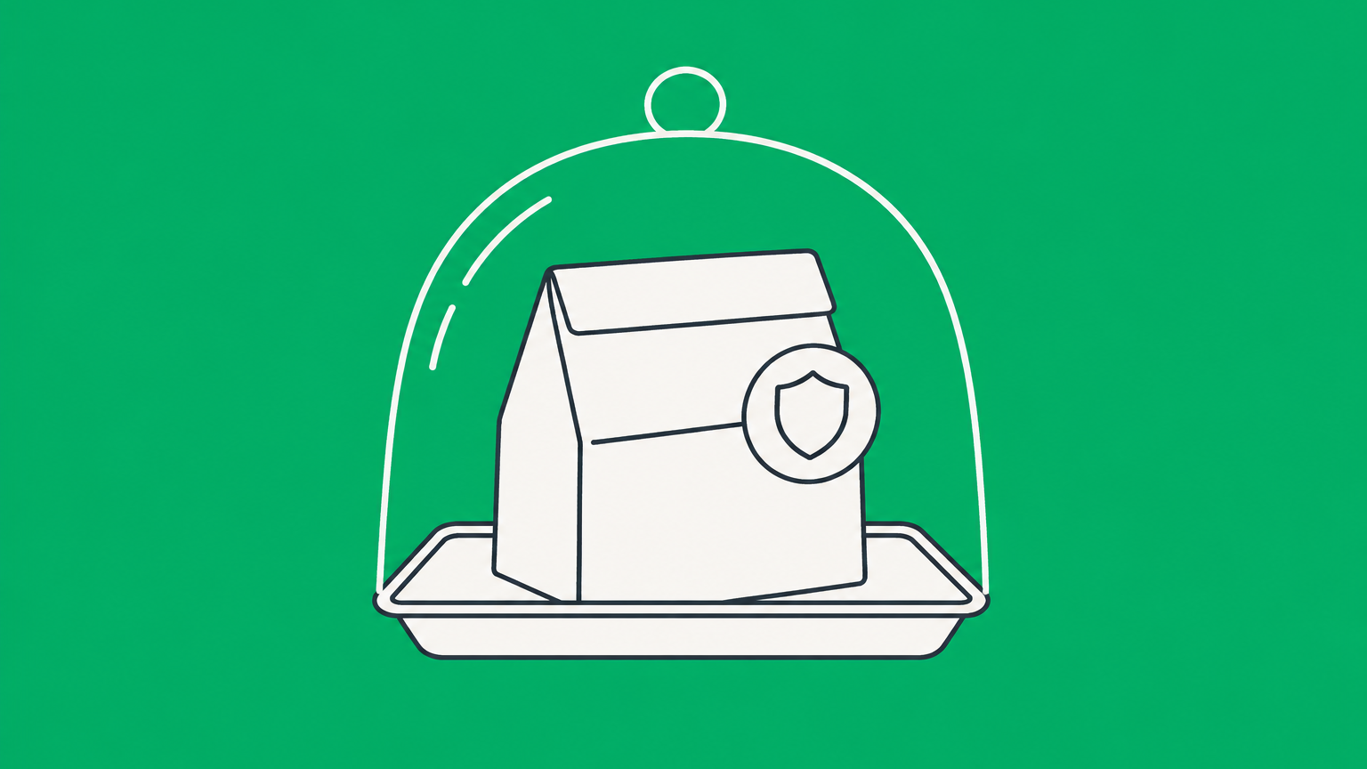Flat illustration of a shield protecting a branded food package and serving tray to represent food trademarks.