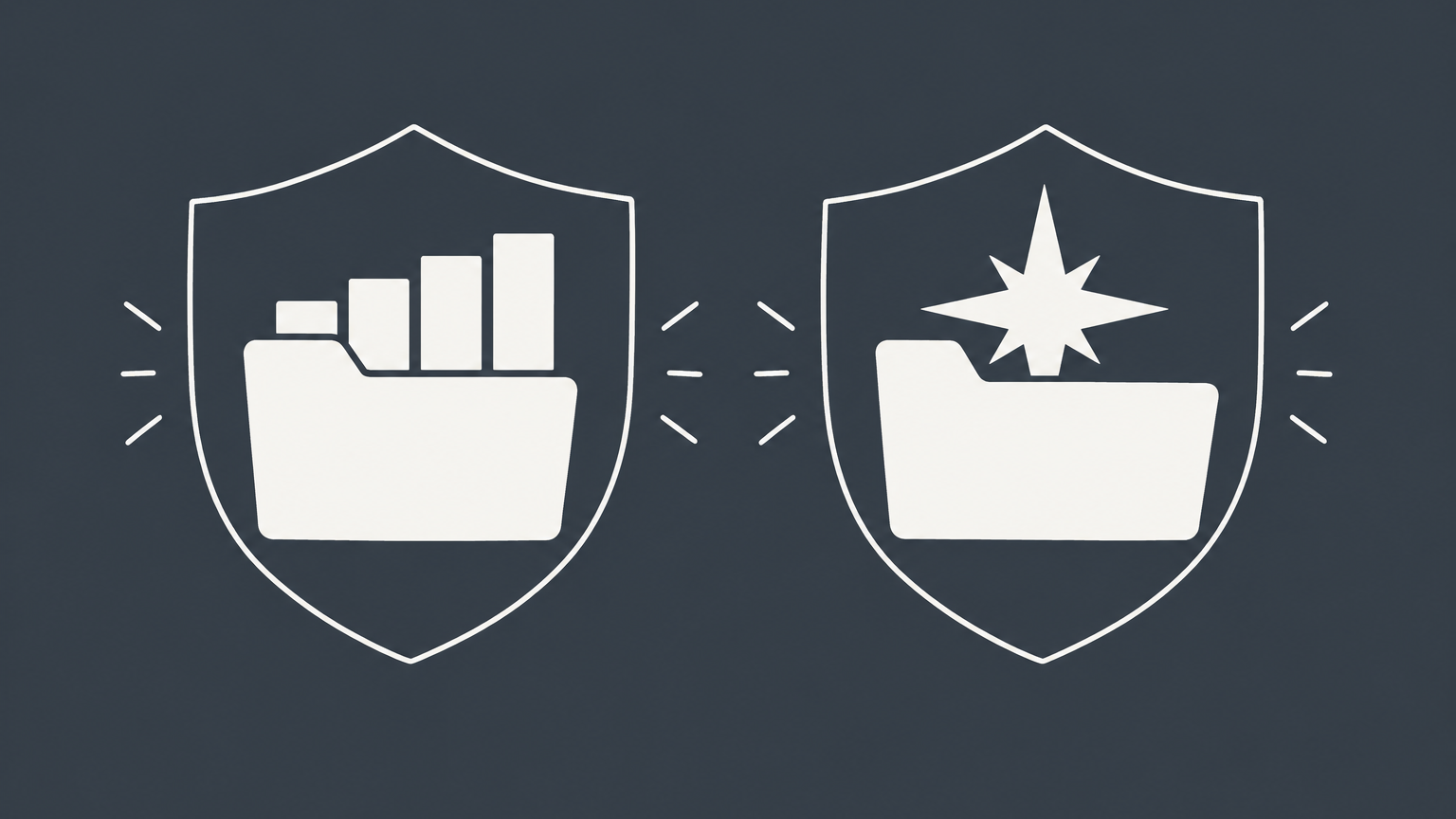 Flat illustration of separate protected folders for plain brand elements and a stylized emblem, representing design mark vs word mark protection.