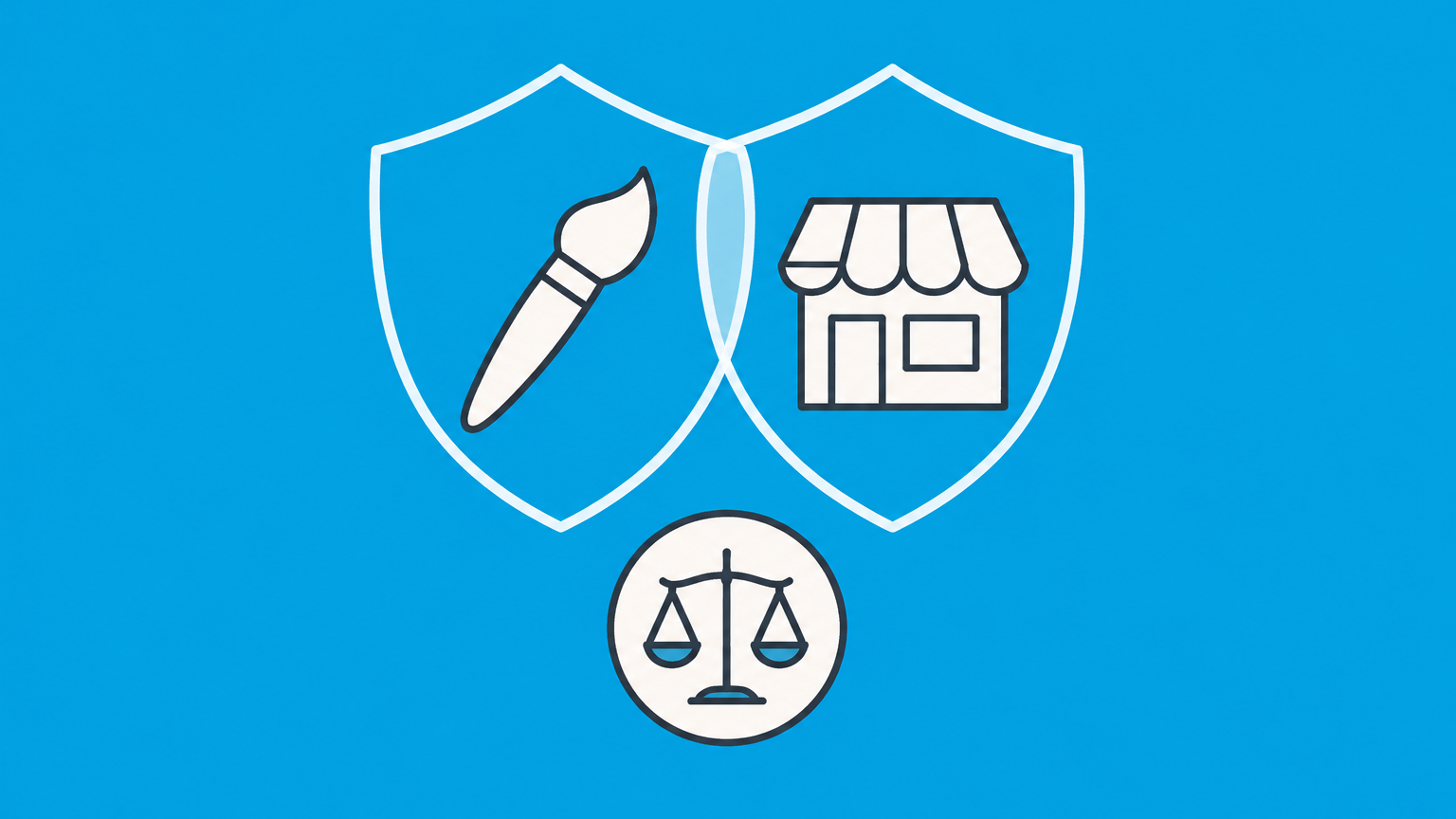Flat illustration of a logo emblem protected by overlapping artwork and storefront shields representing copyright and trademark protection for logos.