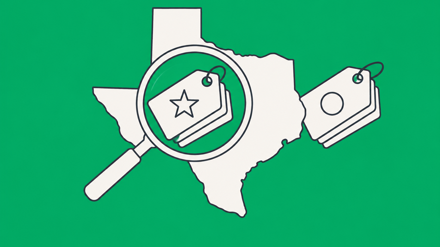 Flat illustration of a magnifying glass examining brand tags over a Texas map to represent a Texas trademark search.