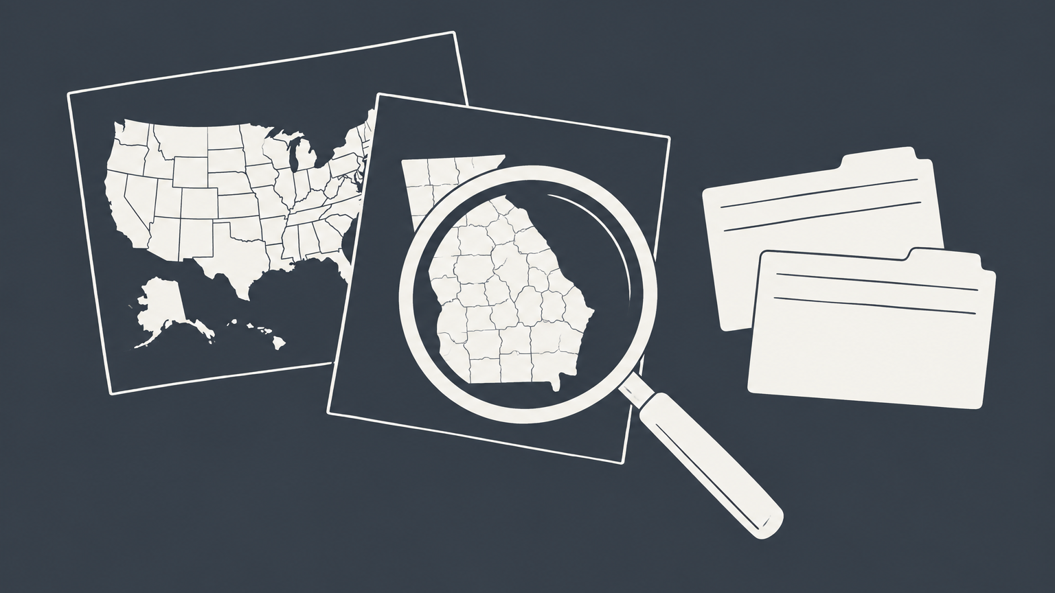 Flat illustration of a magnifying glass over Georgia and United States registry layers representing a Georgia trademark search.