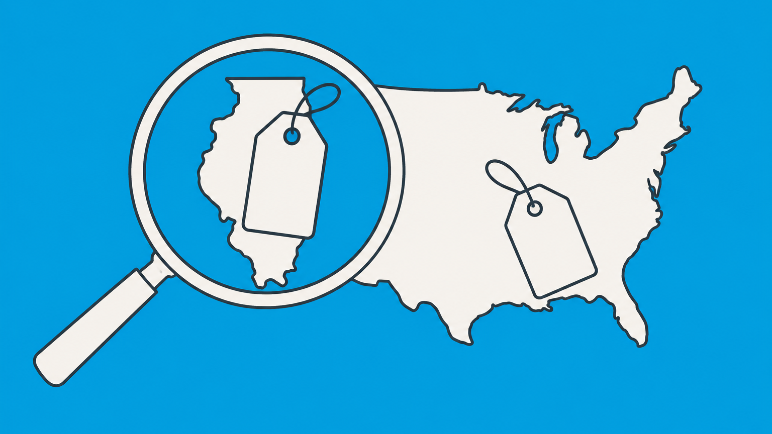 Flat illustration of a magnifying glass inspecting a brand tag over Illinois to represent an Illinois trademark search.