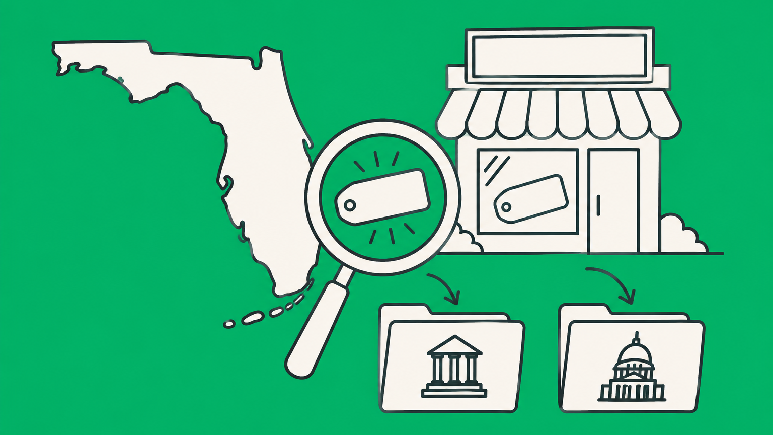 Flat illustration of a Florida map, storefront sign, magnifying glass, and filing folders representing how to trademark a business name in Florida.