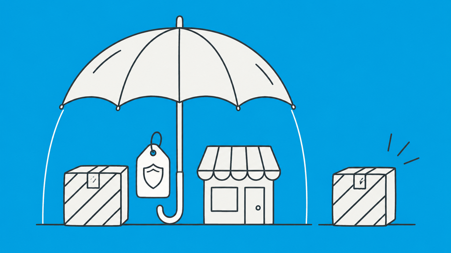 Flat illustration of an umbrella shielding distinctive brand elements to represent what a trademark protects.
