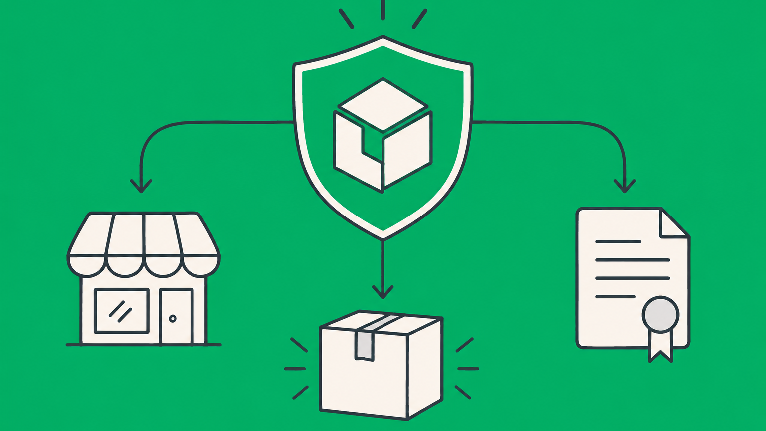 Flat illustration of a shielded brand token connected to business assets, representing the benefits of trademark registration.
