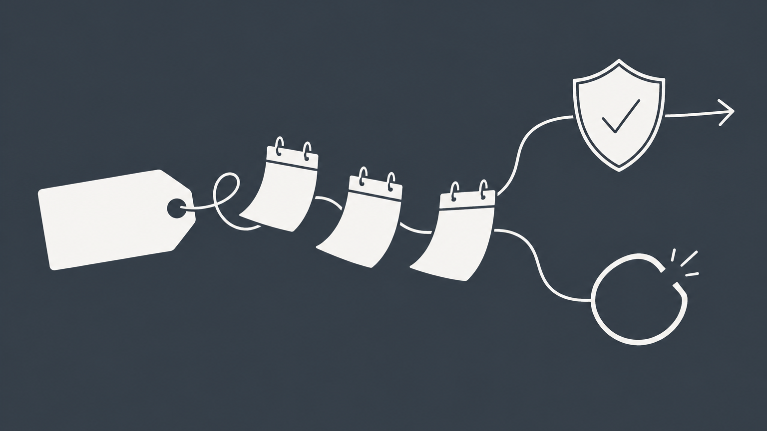 Flat illustration of a blank brand tag, looping calendar pages, and a shield representing trademark expiration and renewal.