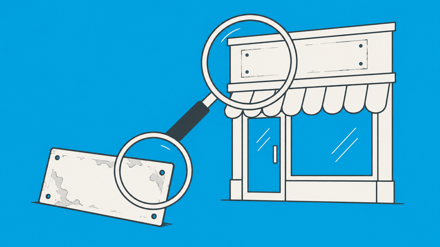 Flat illustration of a faded label, empty storefront sign mount, and magnifying glass representing an abandoned trademark.