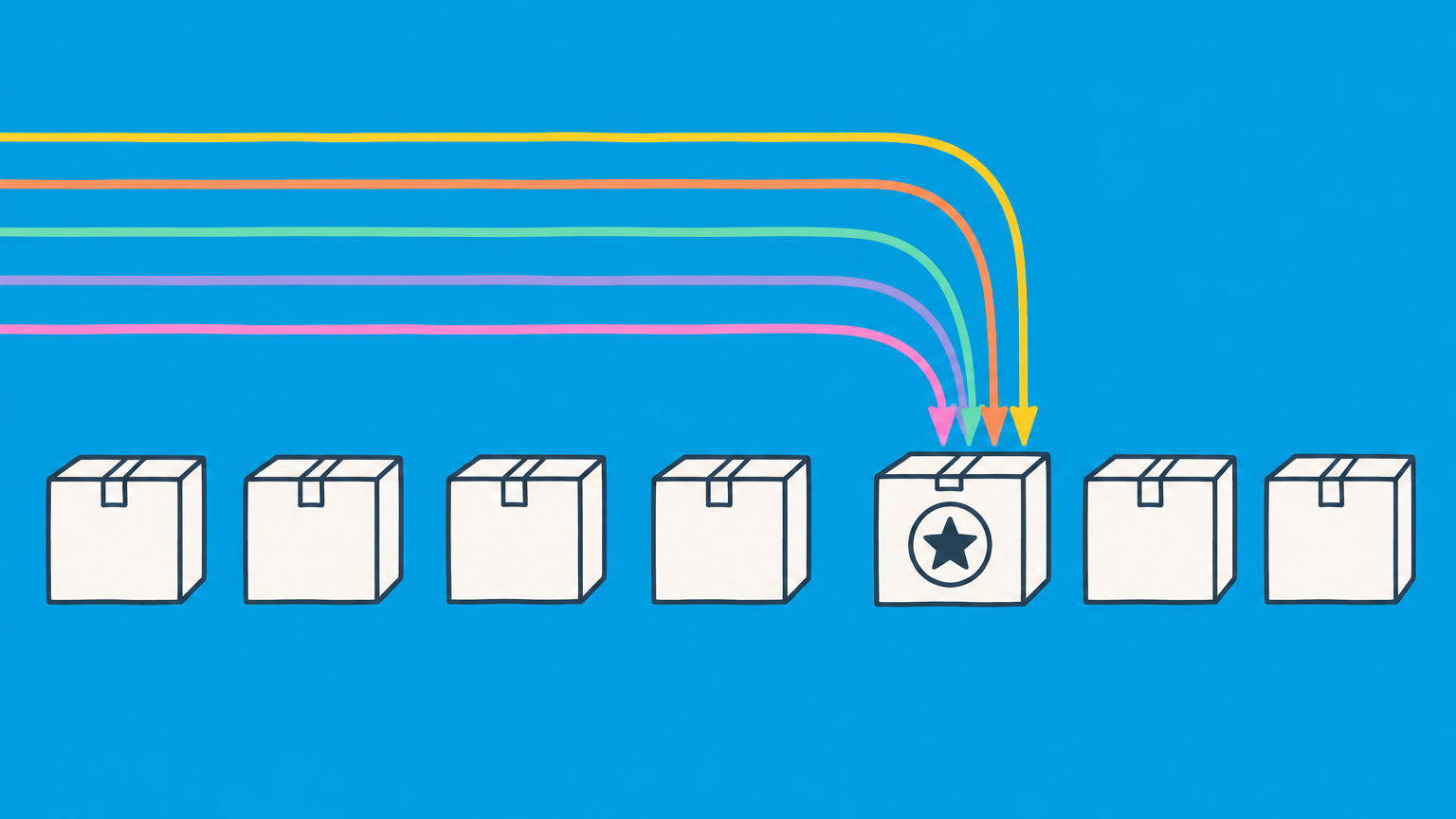 Flat illustration of colored recognition paths converging on one distinct package to represent secondary meaning in trademark law.