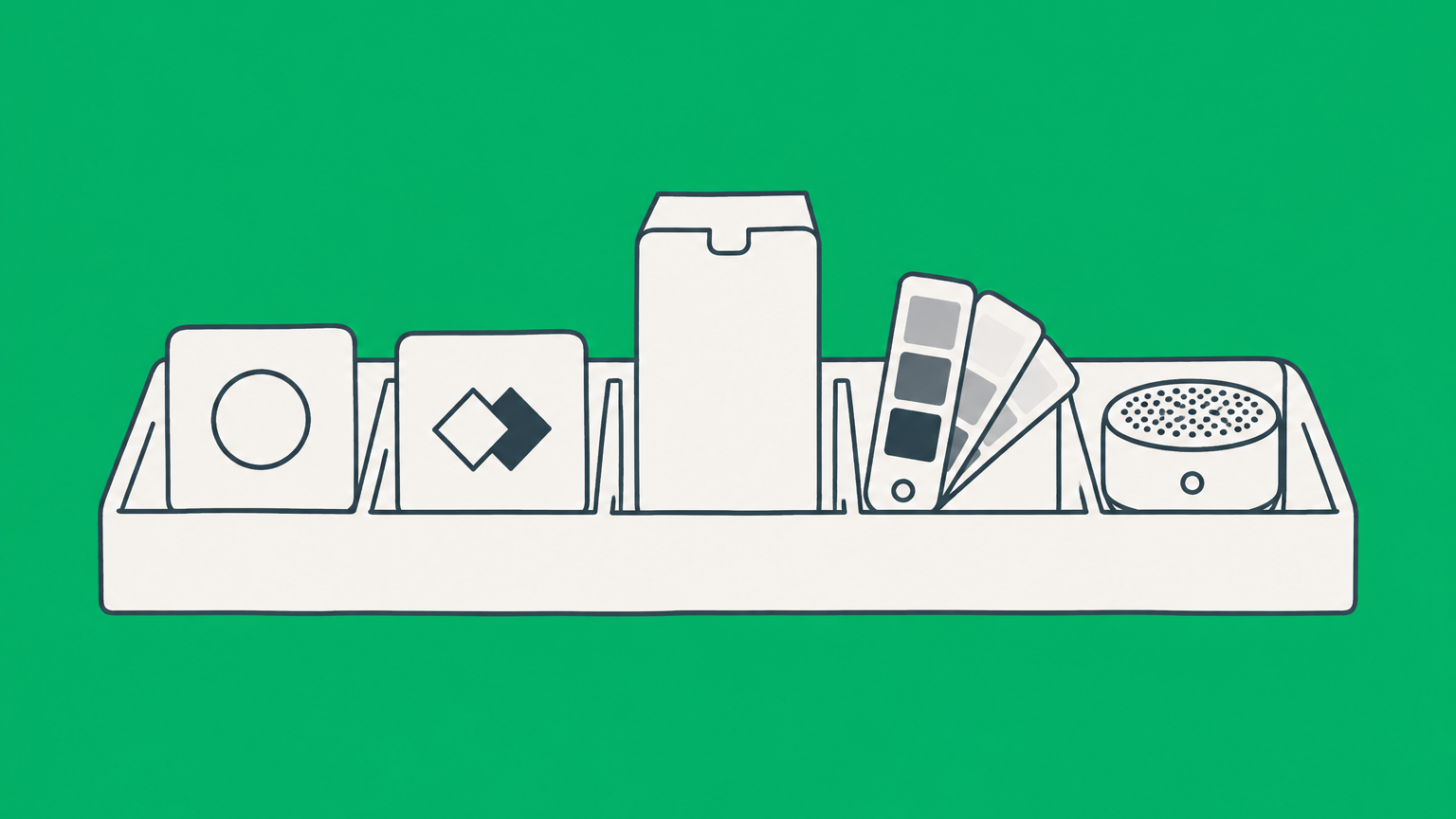 Flat illustration of a sorting tray with several brand identifiers representing different types of trademarks.