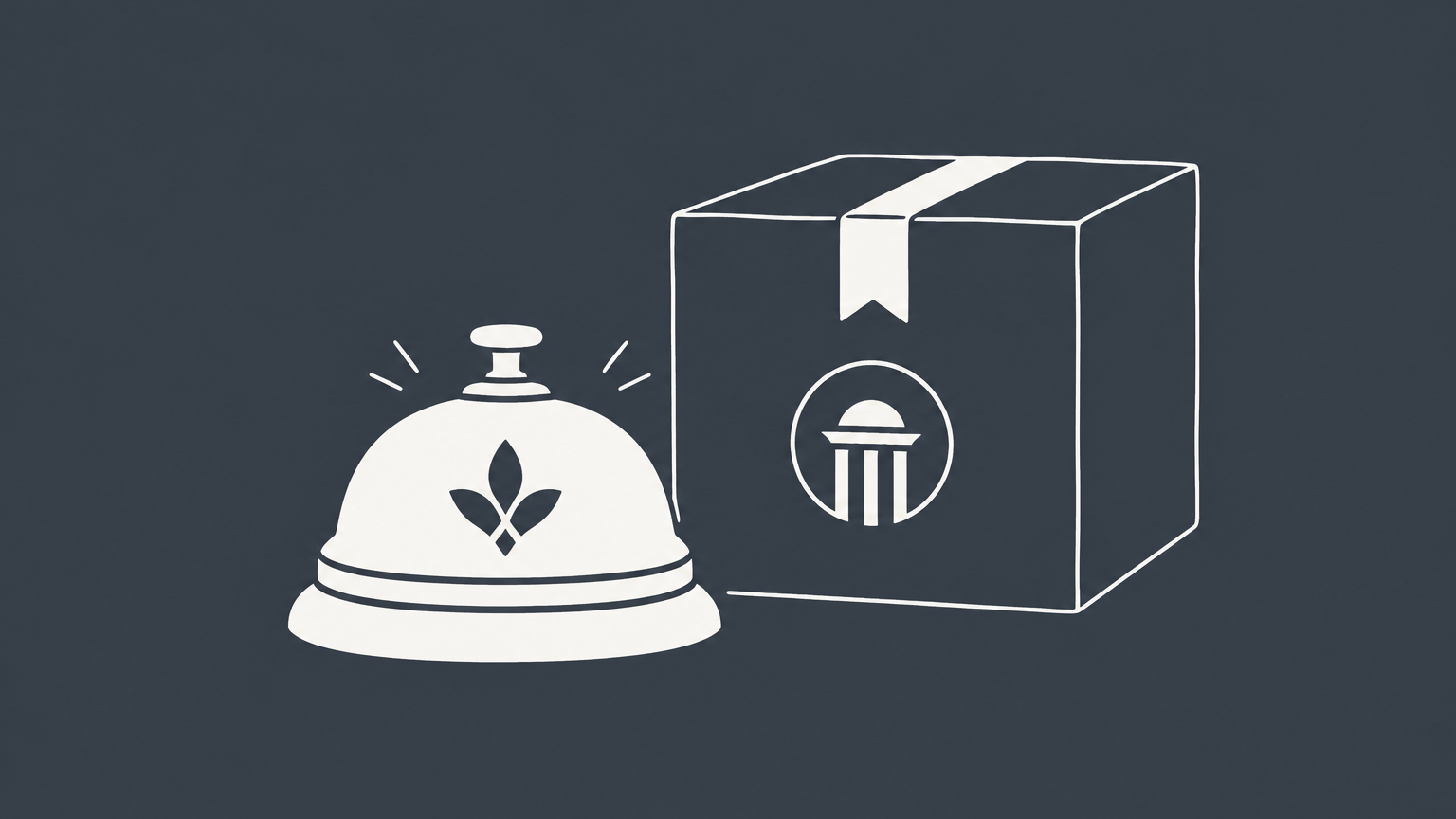 Flat illustration of a marked service bell beside a marked product box representing a service mark and its distinction from a trademark for goods.