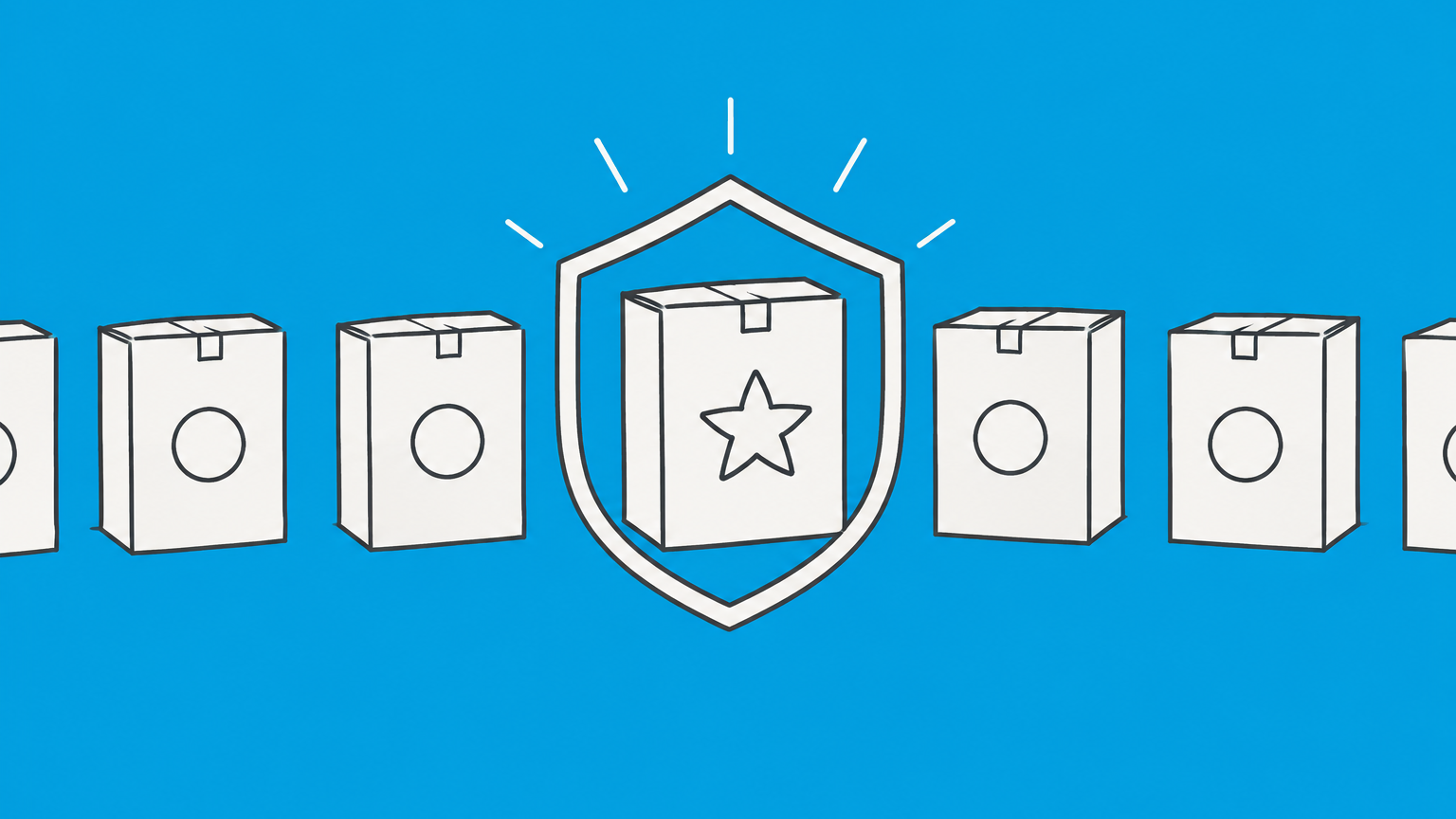 Flat illustration of a distinctive package highlighted and shielded among similar packages to represent famous trademarks.
