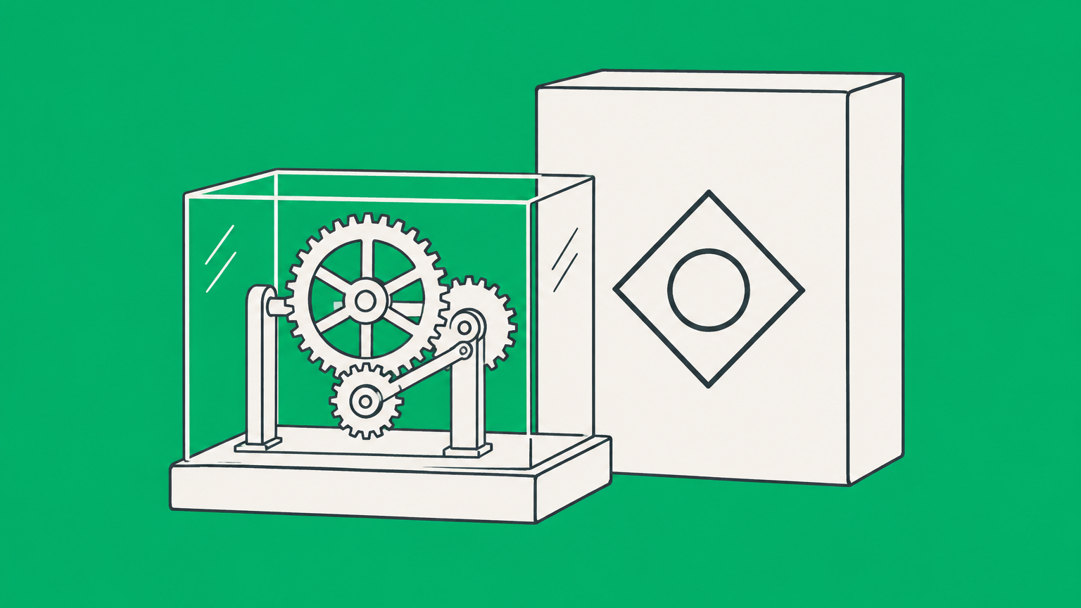 Flat illustration of a protected gear mechanism beside a symbol-marked product box representing patent and trademark protection.