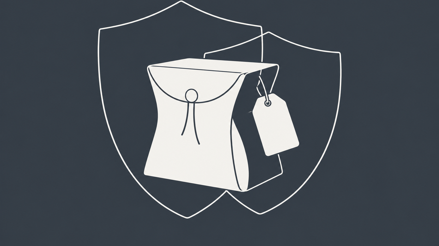 Flat illustration of a shaped product box and brand tag under overlapping shields representing trade dress vs trademark protection.