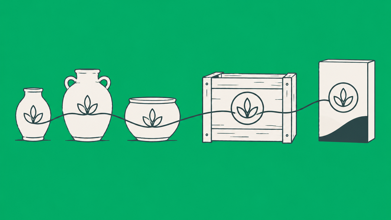 Flat illustration of pottery, a merchant crate, and modern packaging connected by an evolving symbol to represent the history of trademarks.