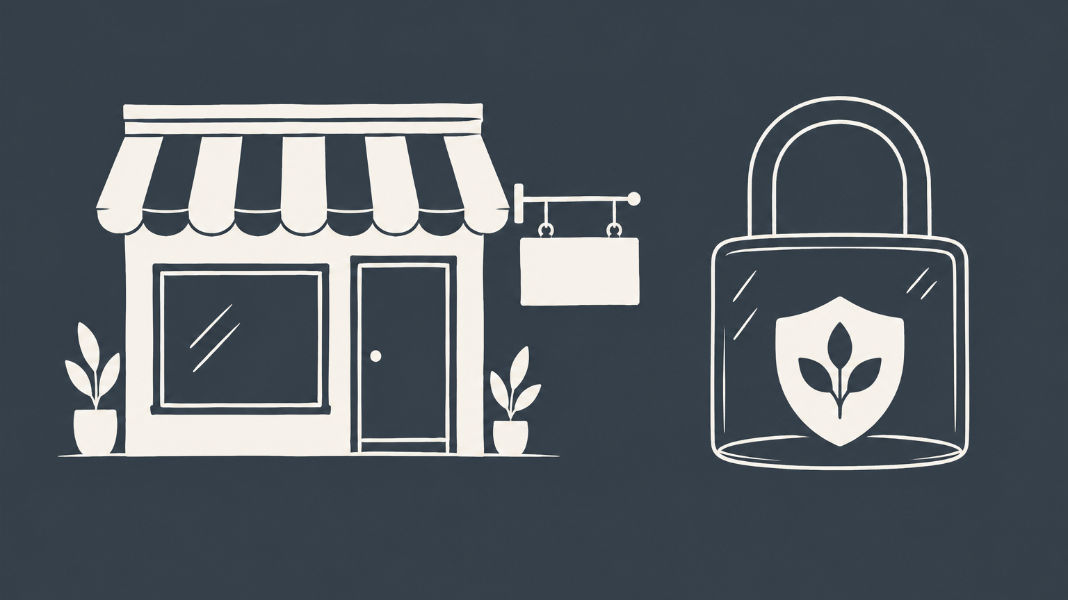 Flat illustration of a storefront name sign beside a locked brand emblem representing trademark vs DBA.